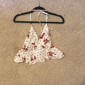 cherry polka dot halter open back crop top